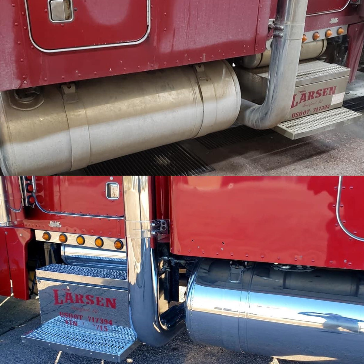 A before-and-after image of the detailing on a previously dirty truck. 