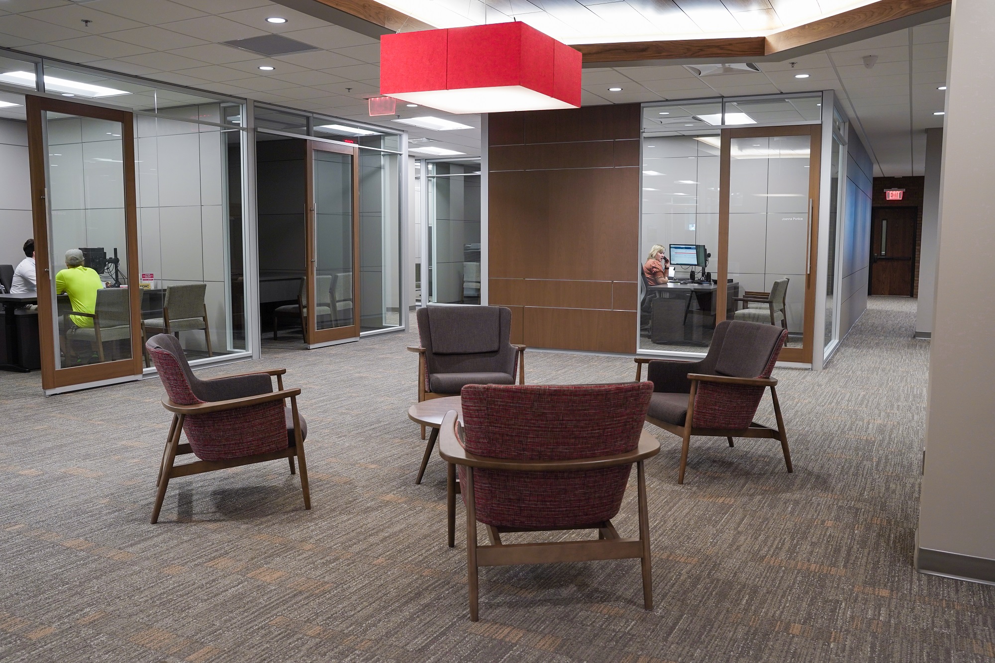 A casual seating area awaits for visitors at First National Bank.
