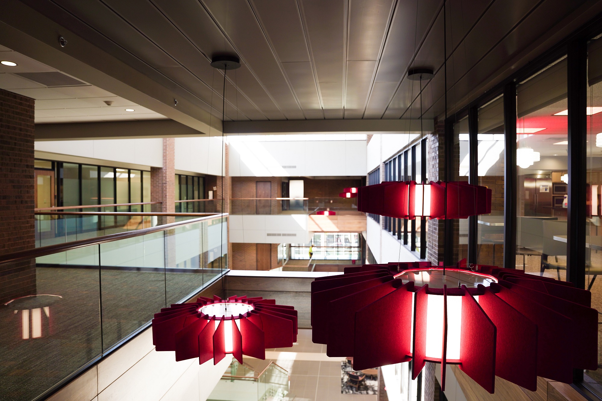 A view looking down over the atrium at First National Bank.