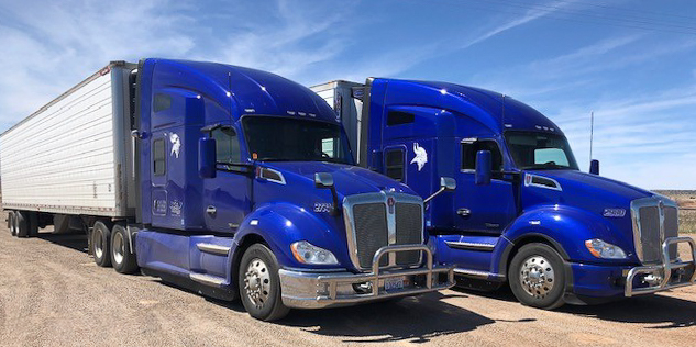 Two trucks from Doug Newman's business, Newman Trucking, parked on a dirt road in the country.