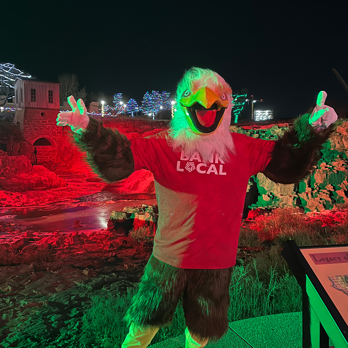 Eagle mascot wearing First National Bank shirt poses in front of waterfall at Falls Park, lit up by Christmas lights.