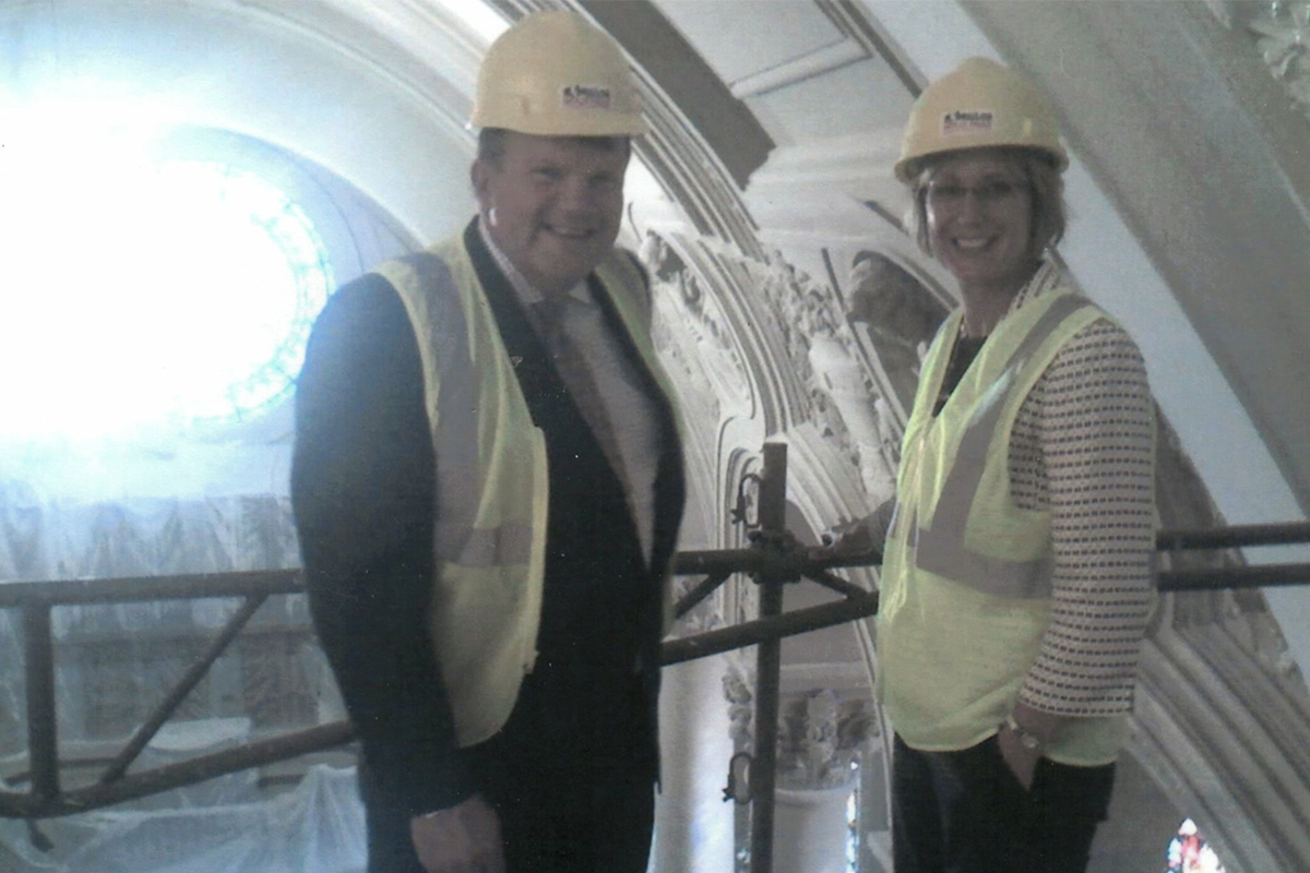 Julie Choudek and Bill Baker in the top of the Cathedral of Saint Joseph.