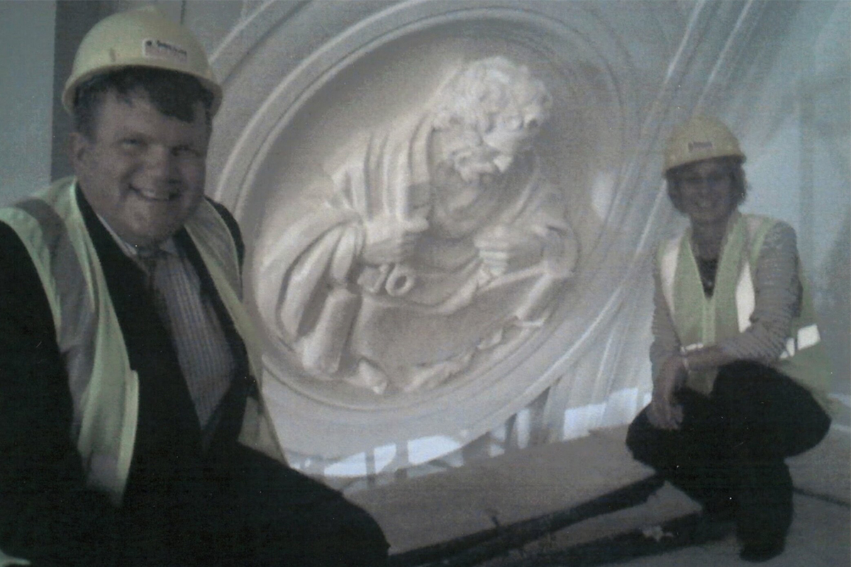 Julie Choudek and Bill Baker in the top of the Cathedral of Saint Joseph.