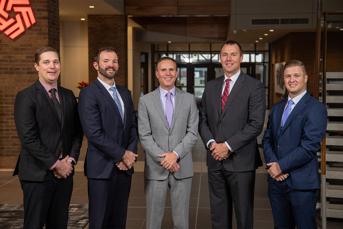 Business Bankers at First National Bank pose for a group picture in the Bank's main lobby.