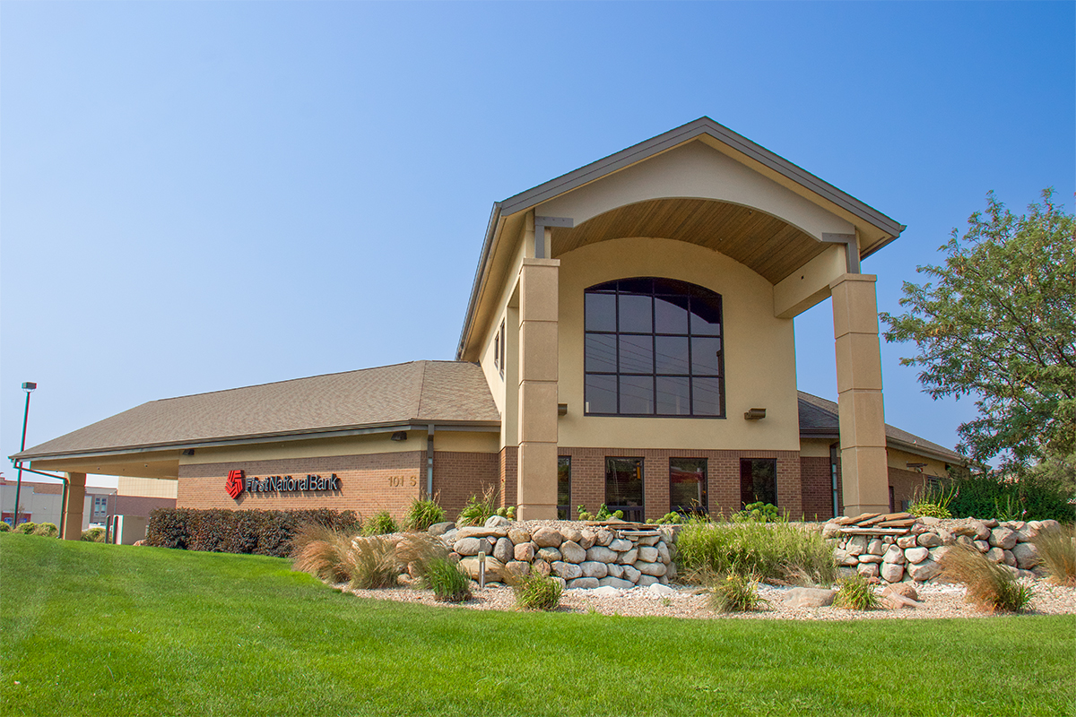 First National Bank's Brandon branch, located at the corner of Splitrock and Holly.