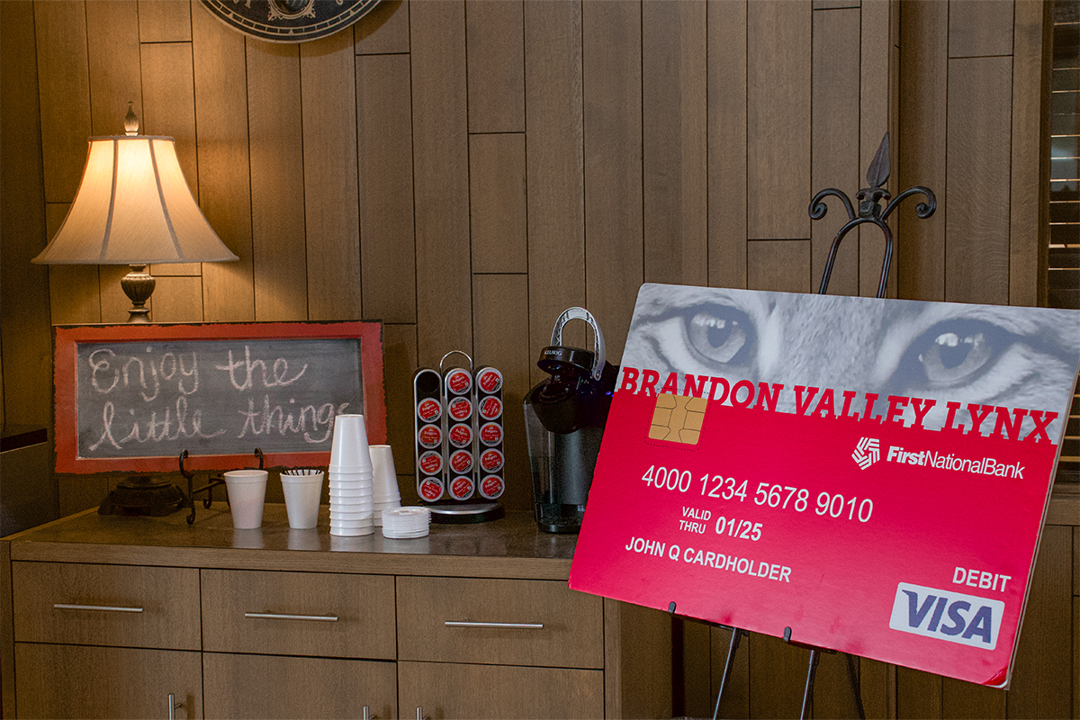 A large Brandon Valley debit card sits on display in First National Bank's Brandon branch.