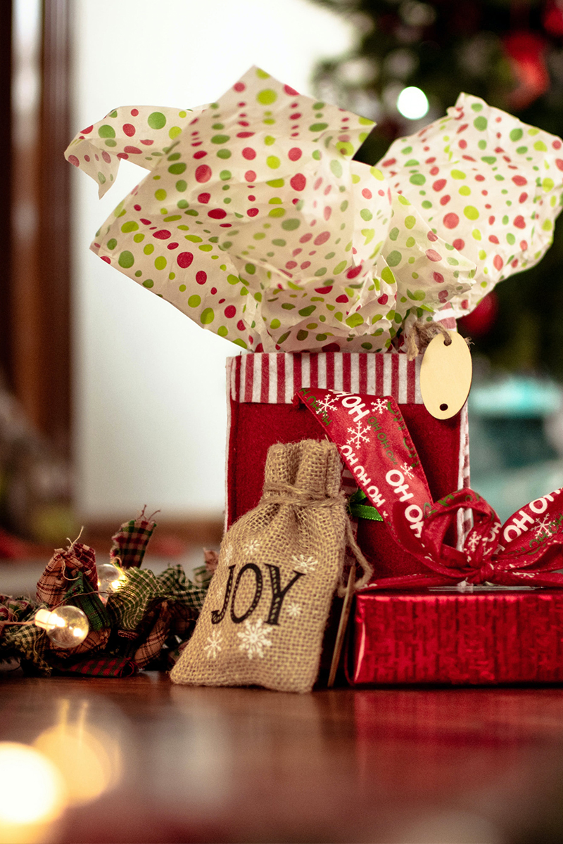 Christmas presents displayed on a table. 