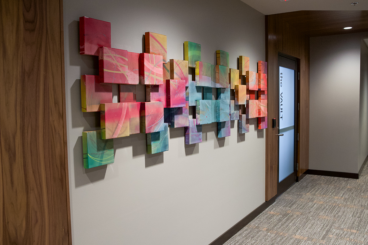 Artwork on the walls of First National Bank's recently renovated second floor. 