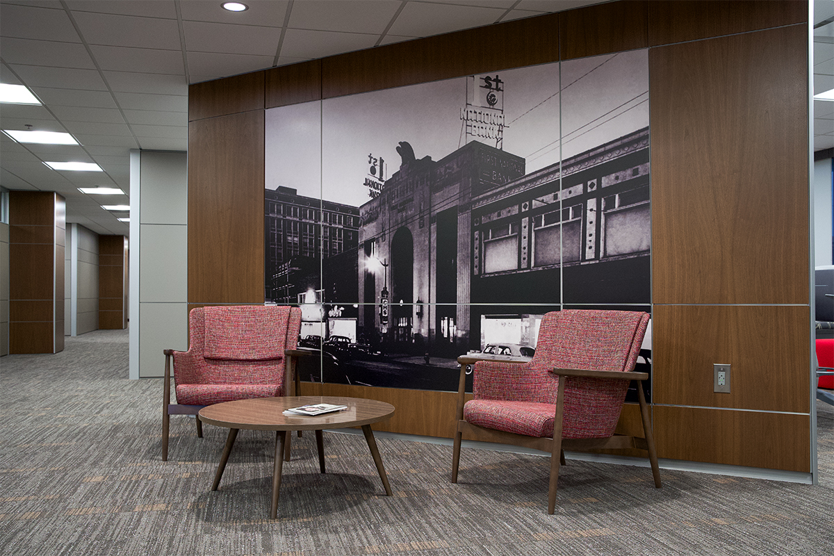 A seating area and artwork in First National Bank's newly renovated second-floor office space. 