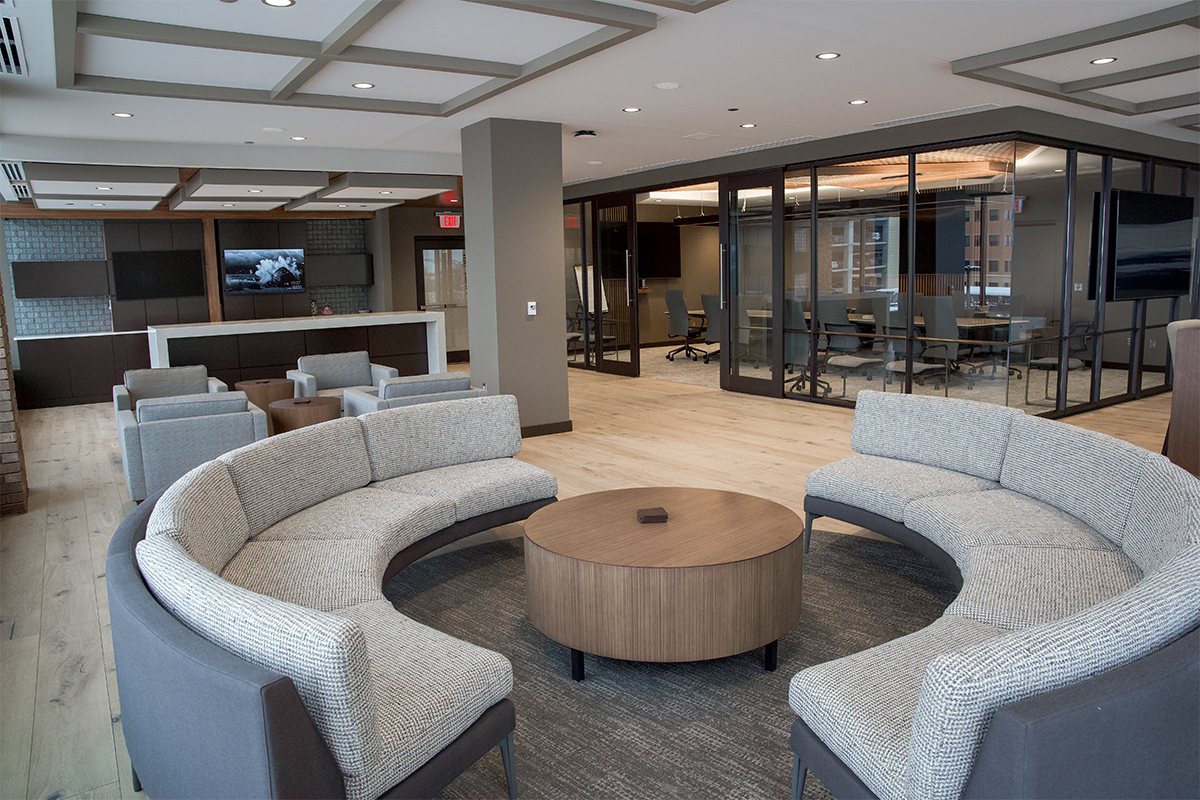 A seating area and conference room space on the second floor of First National Bank's Downtown location. 