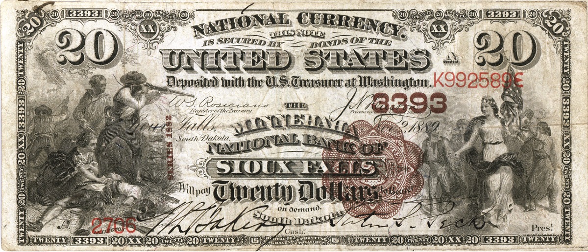 A $20 note issued by Minnehaha National Bank in 1889.