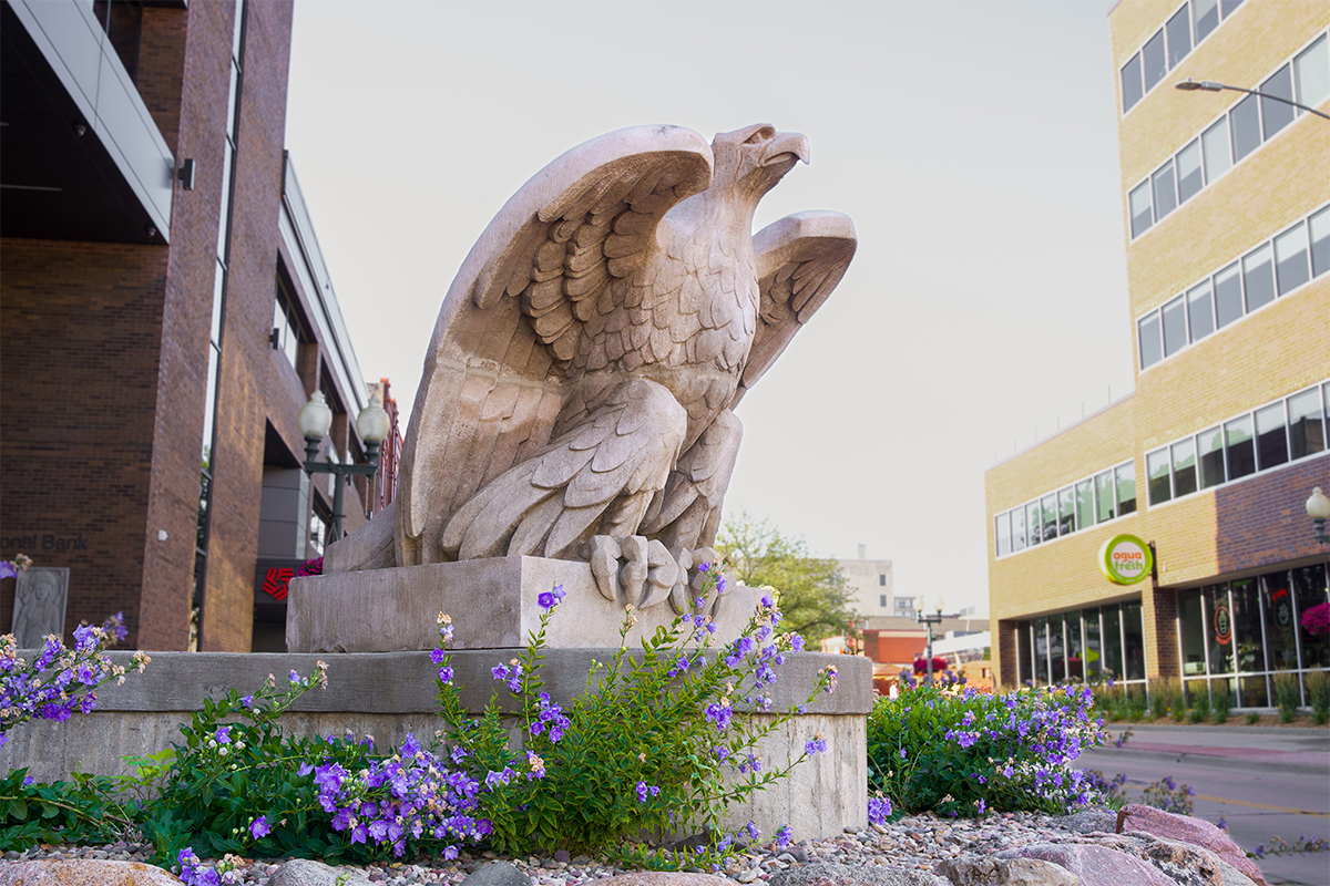 First National Bank's eagle statue at the corner of 9th and Phillips in downtown Sioux Falls.