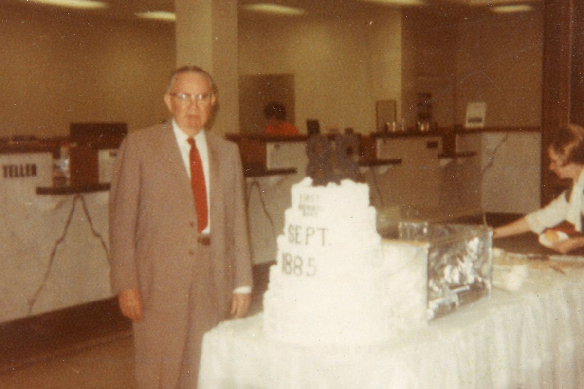 An anniversary cake in the lobby of Minnehaha National Bank.