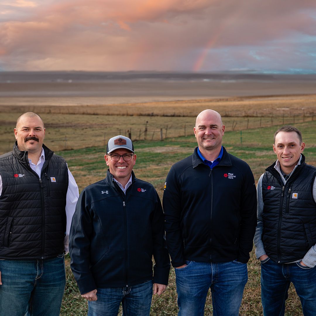 Ag Banking Team Leads Josh Kayser, Brian Gilbert, Phil DeGroot, and Grant Olson standing in a pasture.