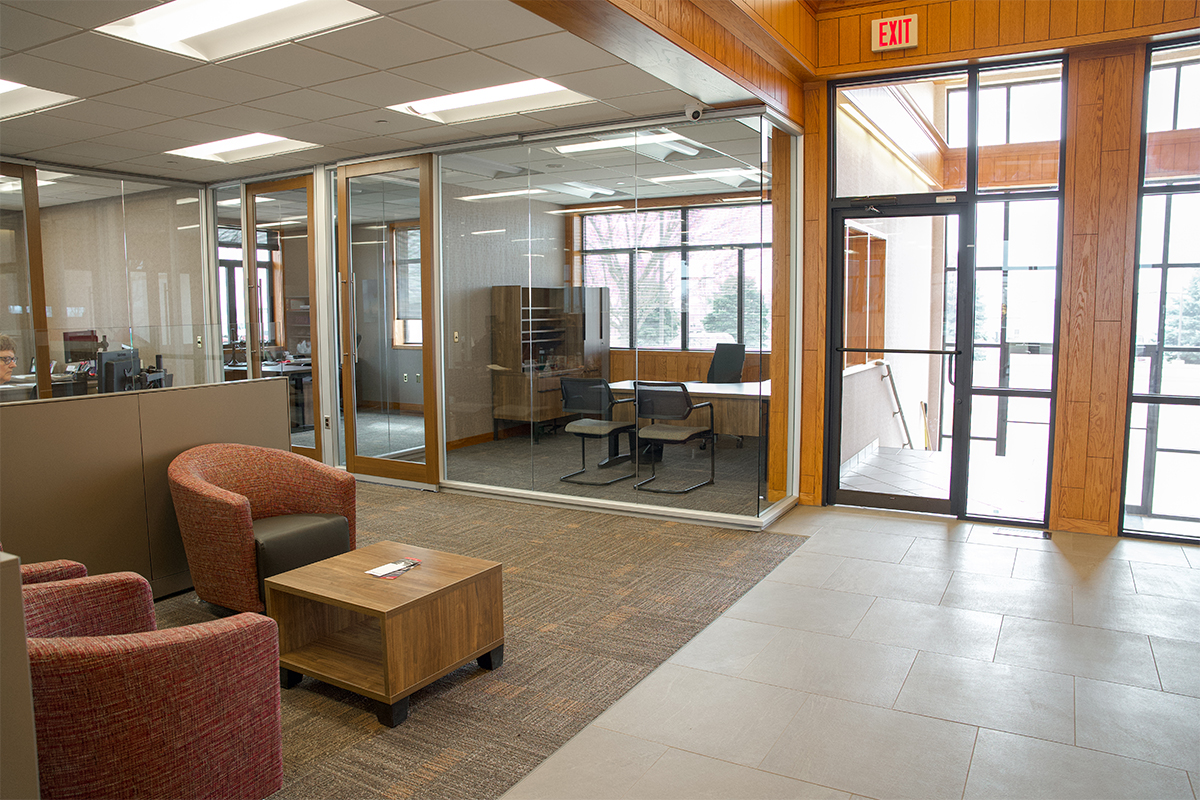 The lobby of the newly renovated Benson Road branch of First National Bank.