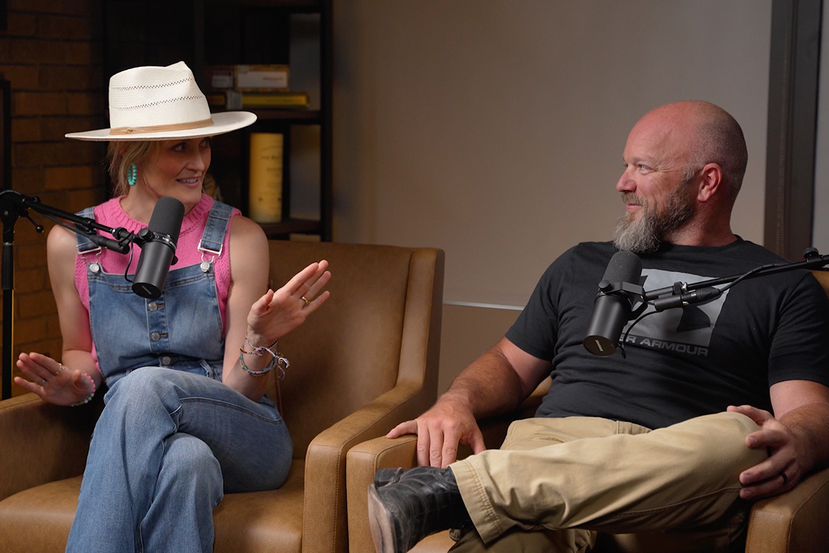 Rebekah Scott and husband Nick record an episode of the Common Cents on the Prairie podcast.