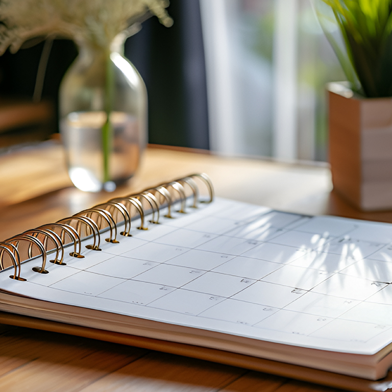A calendar sitting on a desk.