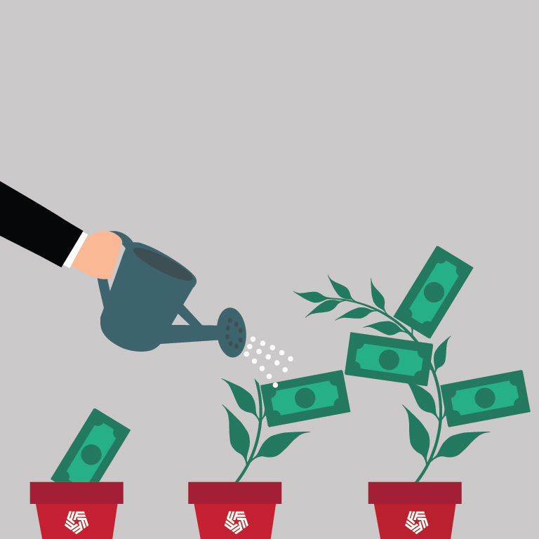 Graphic of a person watering money plants.