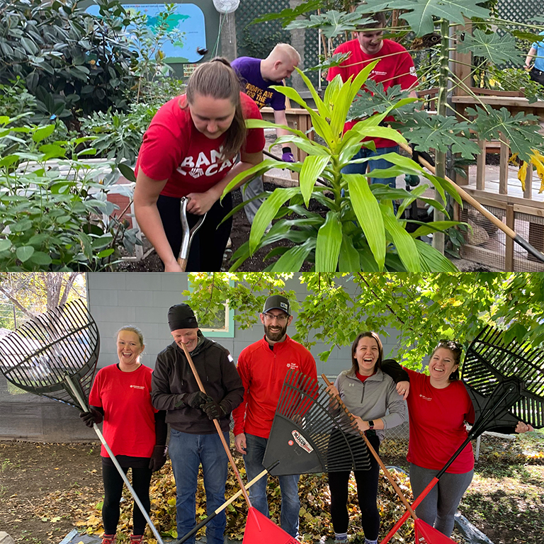 A group of First National Bank teammates raking leaves.
