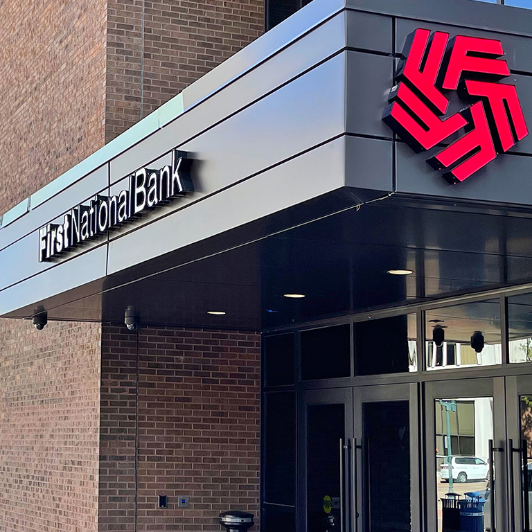 First National Bank's front entrance.