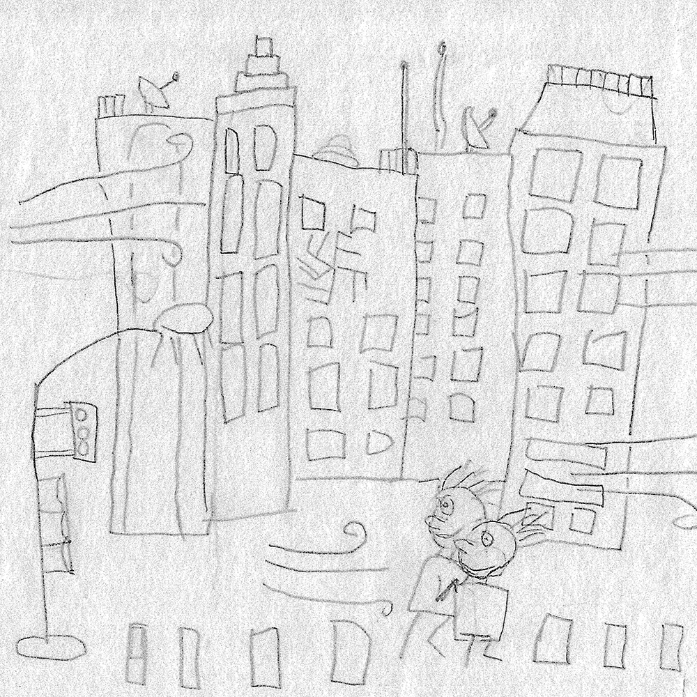 A child's drawing of downtown Sioux Falls.