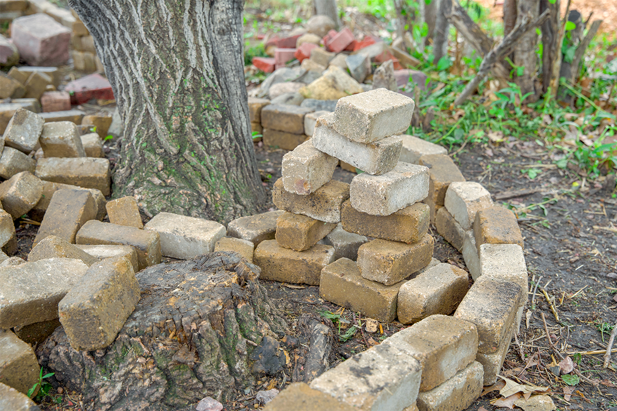 A stack of paving stones at The Outdoor Campus in Sioux Falls.