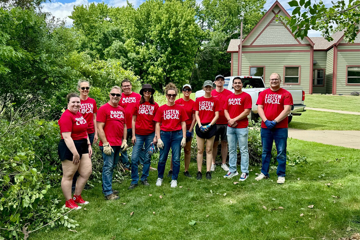 A group of First National Bank volunteers at The Outdoor Campus in Sioux Falls.