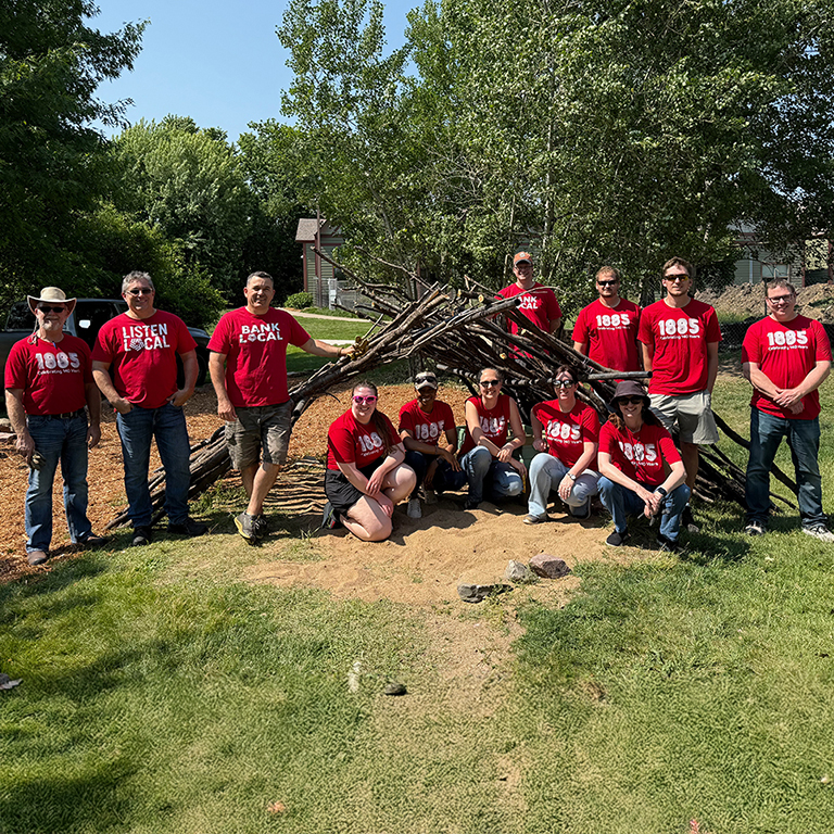 A group of First National Bank volunteers at The Outdoor Campus in Sioux Falls.
