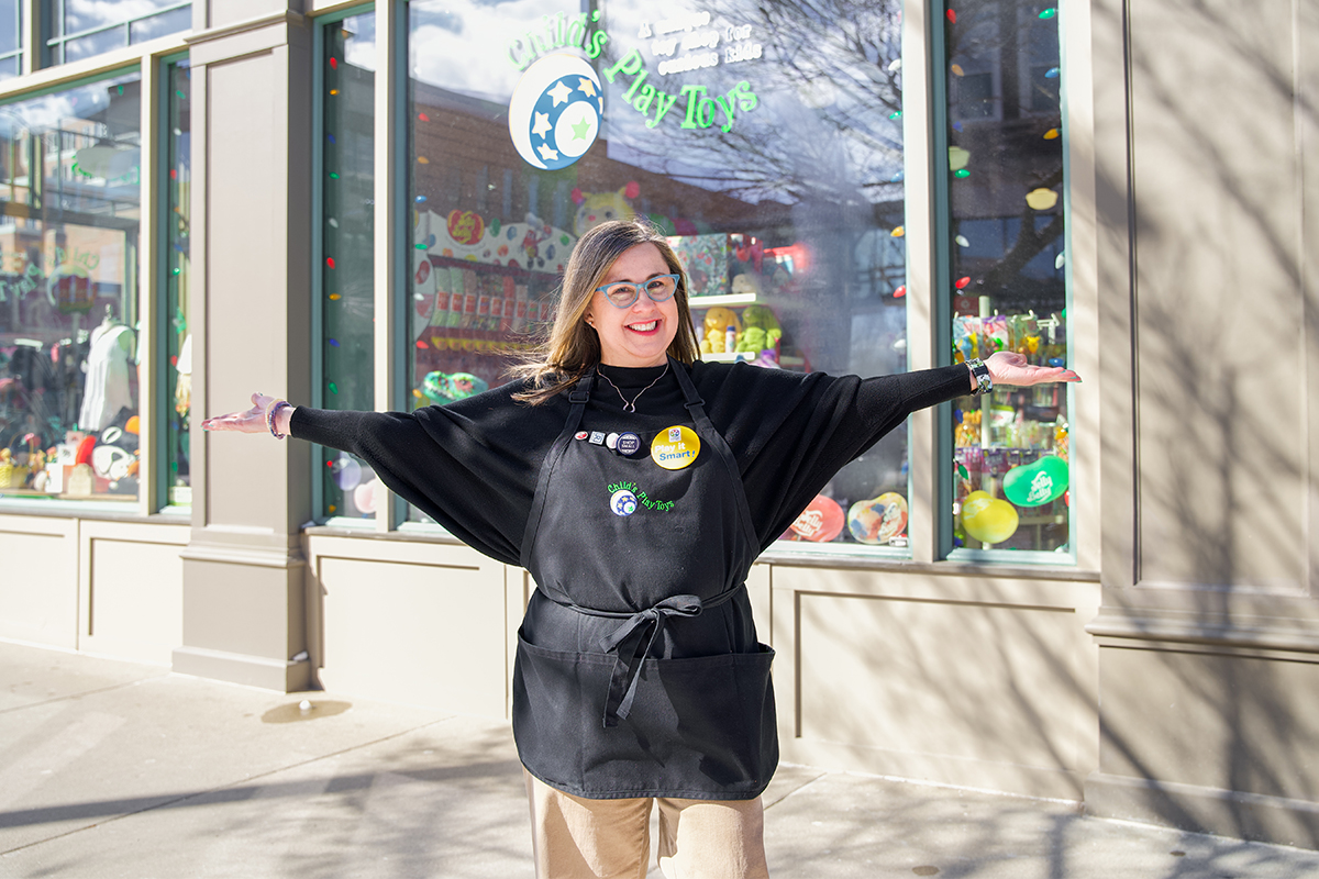 Nancy Savage in front of her small business, Child's Play Toys.
