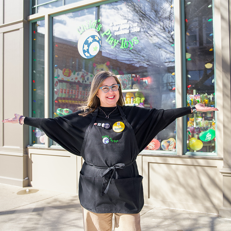 Nancy Savage in front of her small business, Child's Play Toys.