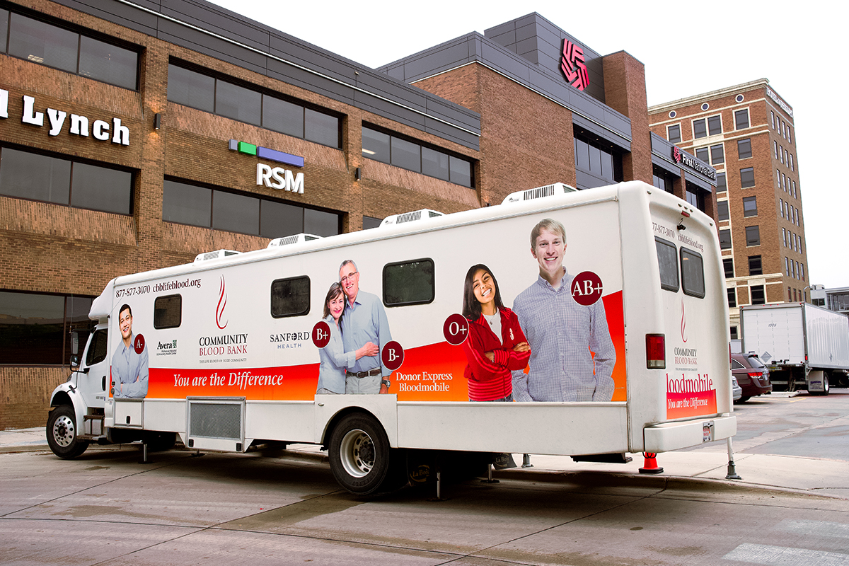 The Community Blood Bank blood mobile parked in downtown Sioux Falls.