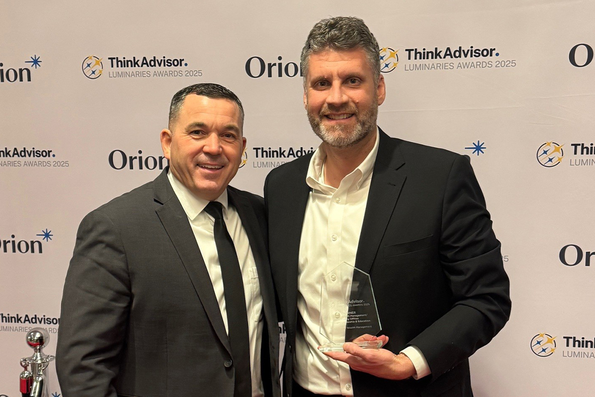 Adam Cox and Mike Fowler at the 2025 ThinkAdvisor Luminaries Awards red carpet.