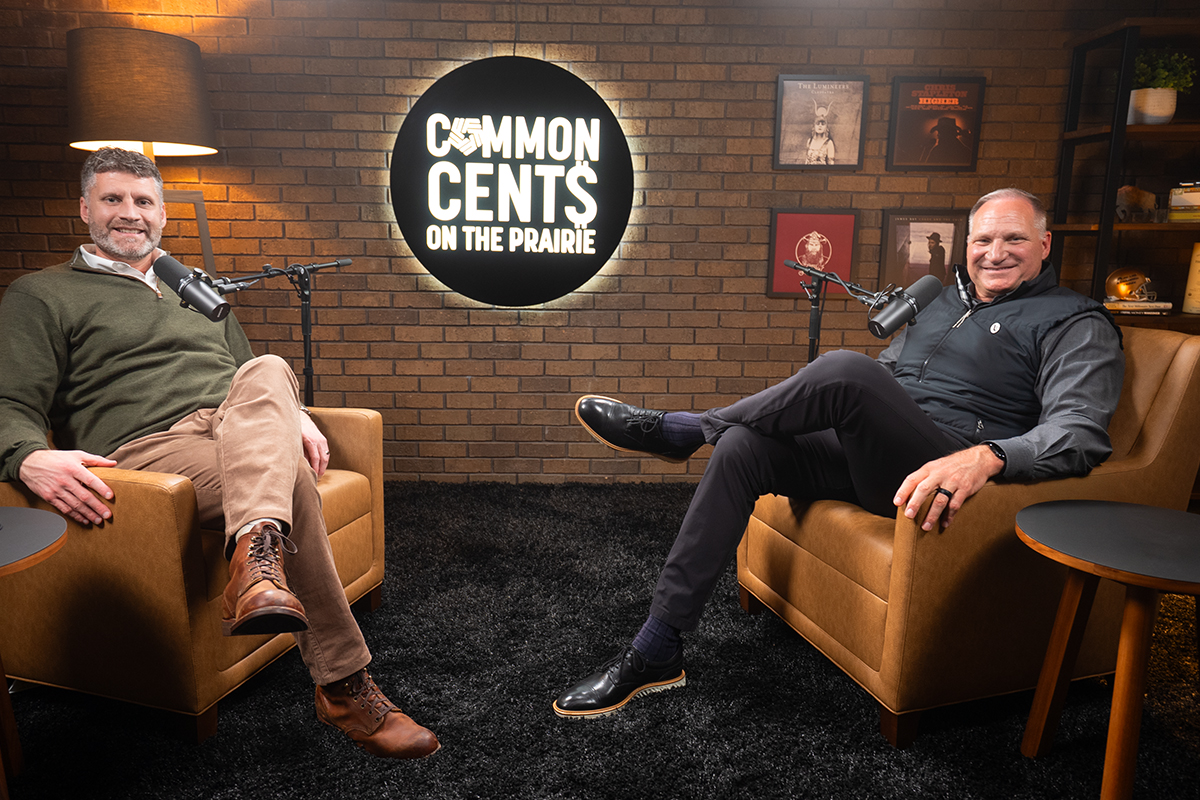 Randy Knecht and Adam Cox recording an episode of the Common Cents on the Prairie podcast.