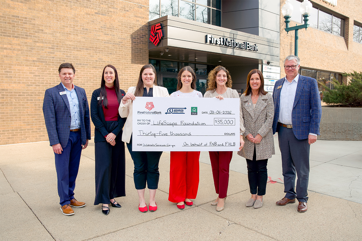 First National Bank presents a check to the LifeScape Foundation.
