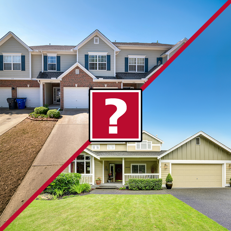 A side-by-side of a townhome and a house.